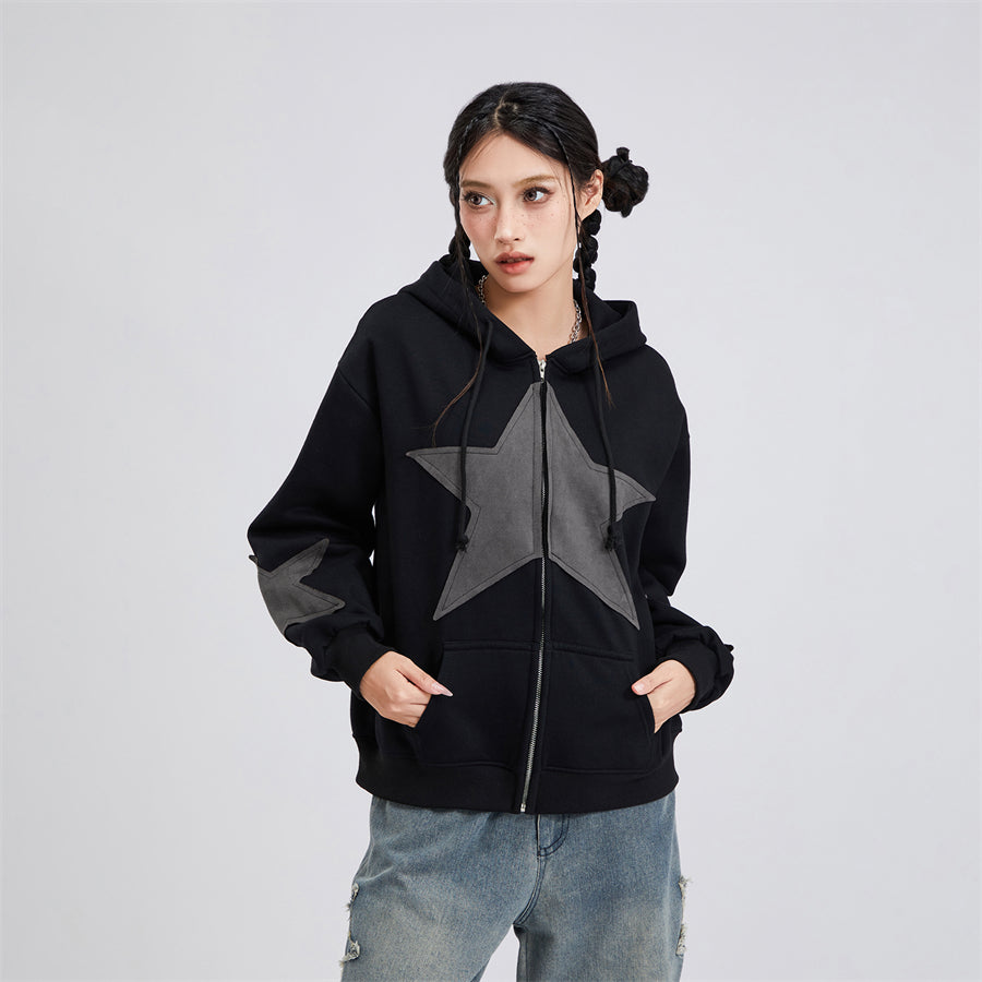 wsevypo Grunge Retro Star Print Hoodies Autumn Women's Long Sleeve Zip-up Hooded Sweatshirts with Front Pocket Street Outwear - reetell