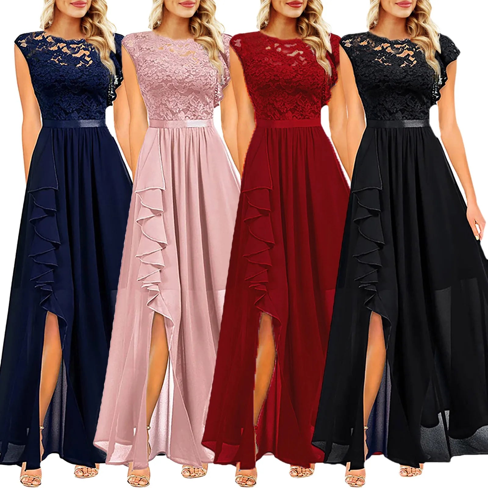 Sexy Bridesmaid Dresses V Neck Lace Patchwork Mesh Evening Prom Party High Slit Fashion Elegant Lady Sleeveless Robe Vestidos - reetell