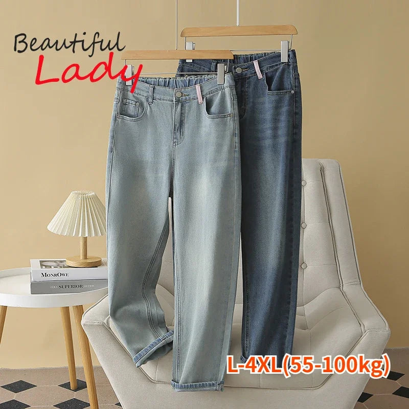 L-4XL Plus Size Jeans for Women Summer High Waist Baggy Jeans Woman Ankle Length Vintage Blue Denim Pants Elastic Mom Jeans - reetell