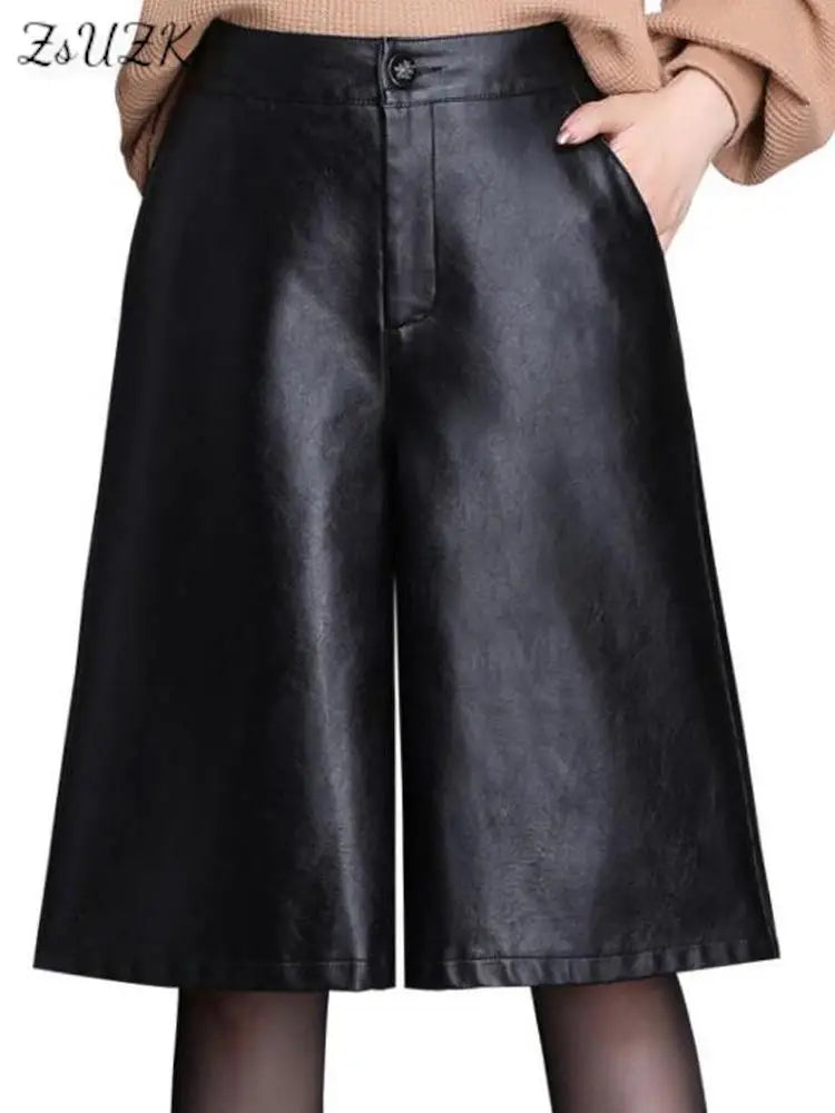 Black PU Leather Bermuda Shorts For Women Loose Long Shorts Motorcycle Punk High Waist Knee Length Bermuda Femme - reetell