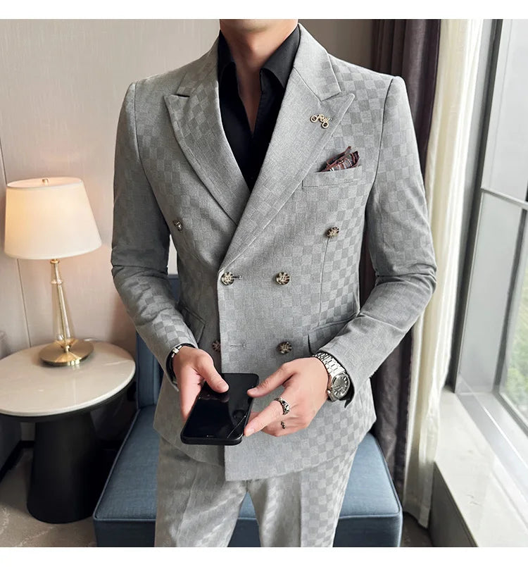 (Jacket+Pants) 2 Pieces Blue Apricot Business Party Men Suits Double Breasted Formal Style Custom Made Wedding Groom Tuxedos - reetell