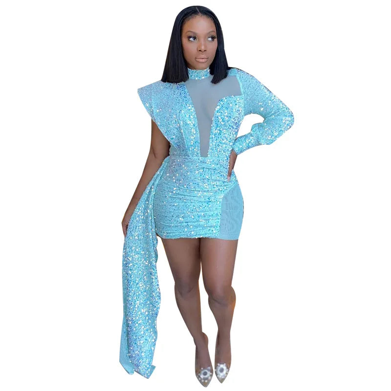 2022 Women Sequin Mini White Dress Party See Through High Neck Sexy Long Sleeve Bodycon Tail Short Evening Elegant Dresses - reetell