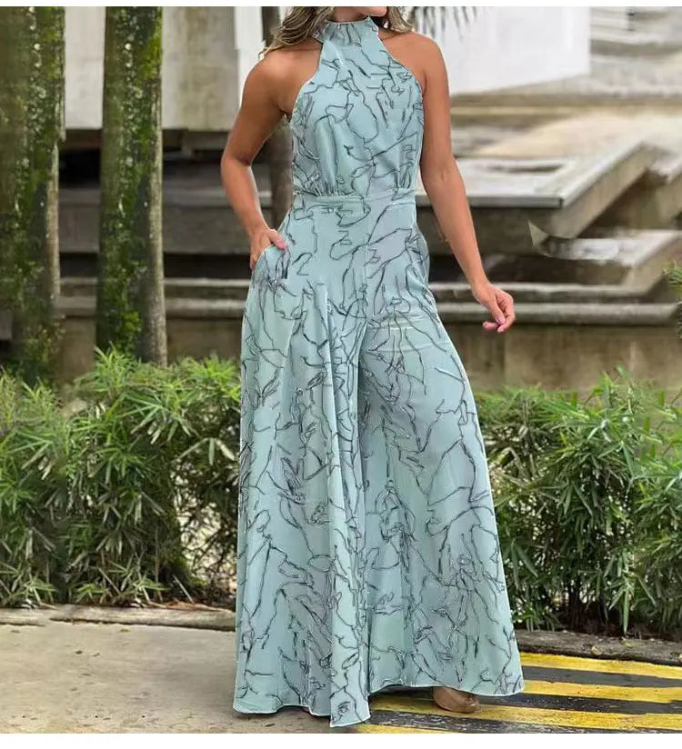 Women's Elegant Waist Halter Jumpsuit Casual Print Tie Sleeveless Wide Leg Long Pant Summer Clothing - reetell