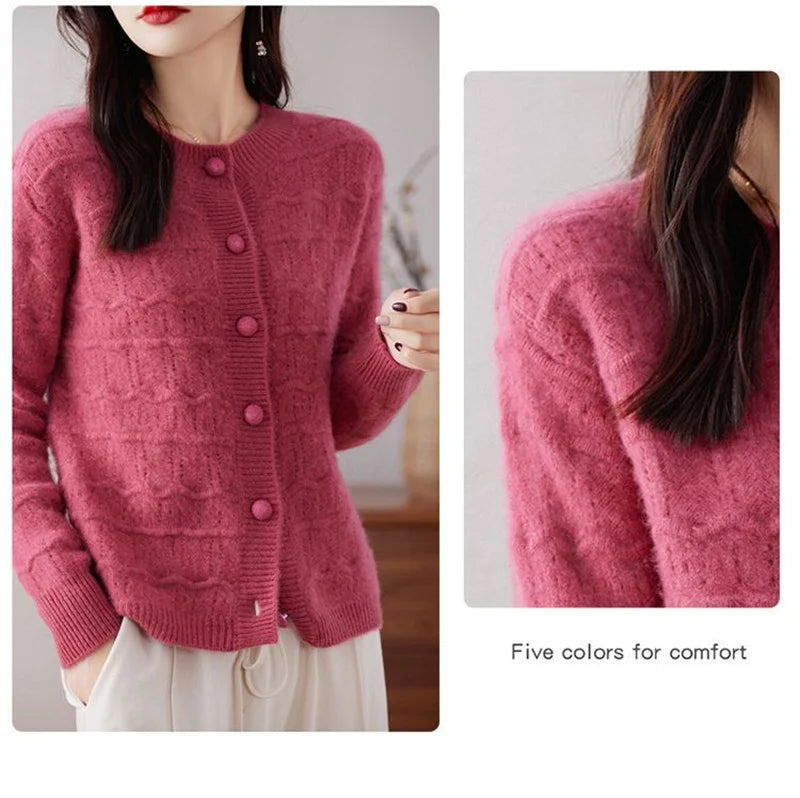 New Autumn And Winter Sweater Cardigan Jacket Women Fashion Sweet Wearing Solid Color Round Neck Sweater Top Bottoming Shirt - reetell