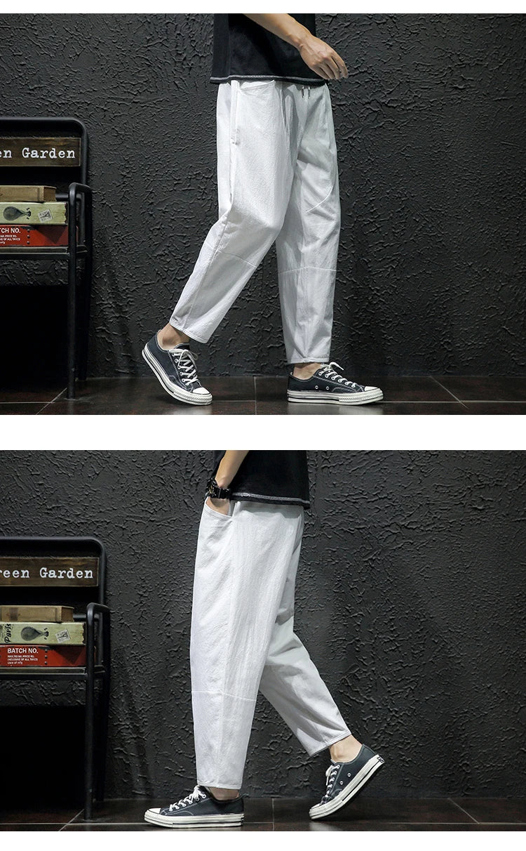 100% Cotton Ankle Length Pants Summer Casual Pants Man Trendy Japanese Loose Pants Men - reetell