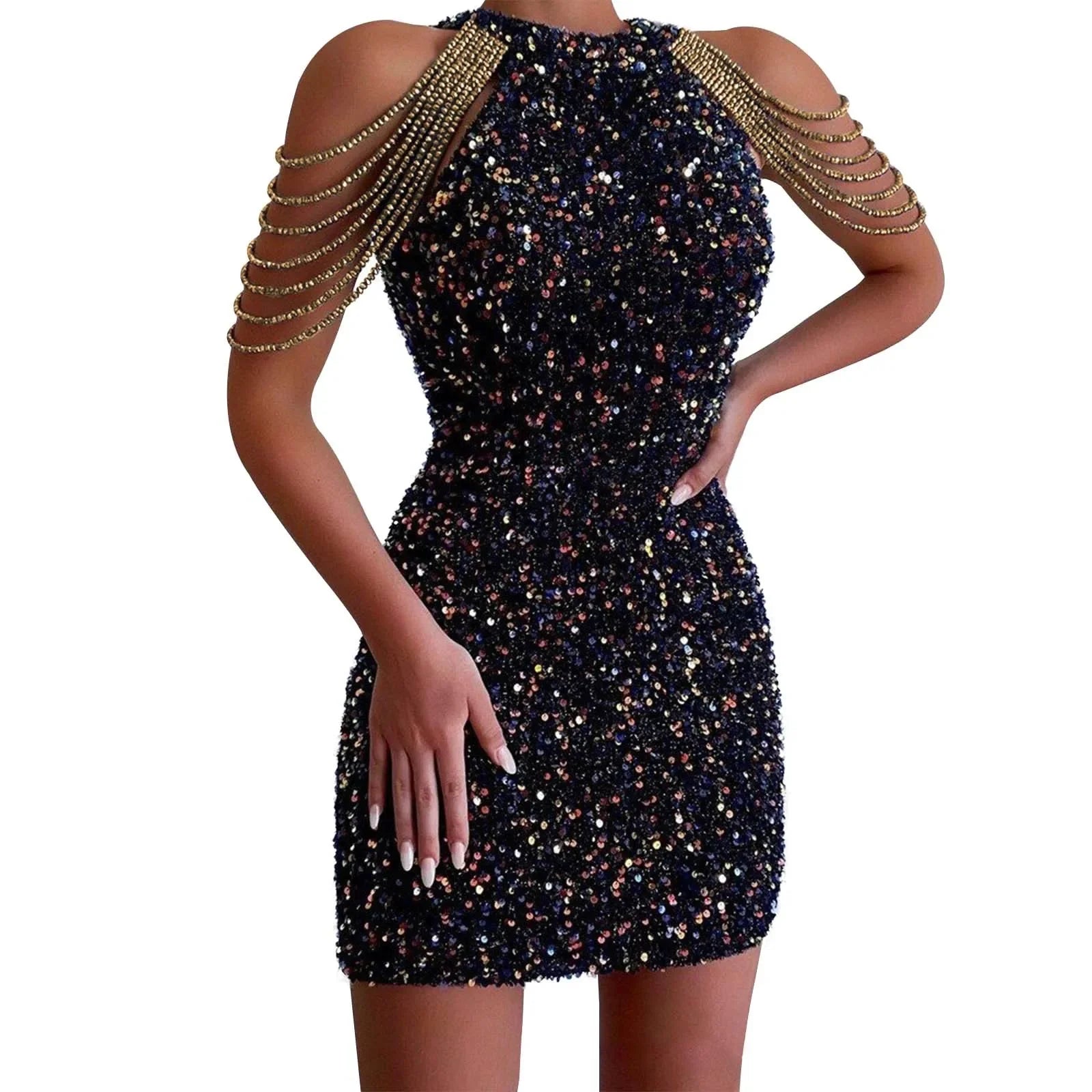 Spring Party Club Evening Short Dress Women Sexy Bodycon Tassel Mini Dress Hollow Out Off Shoulder Sleeveless Sequined Dresses - reetell