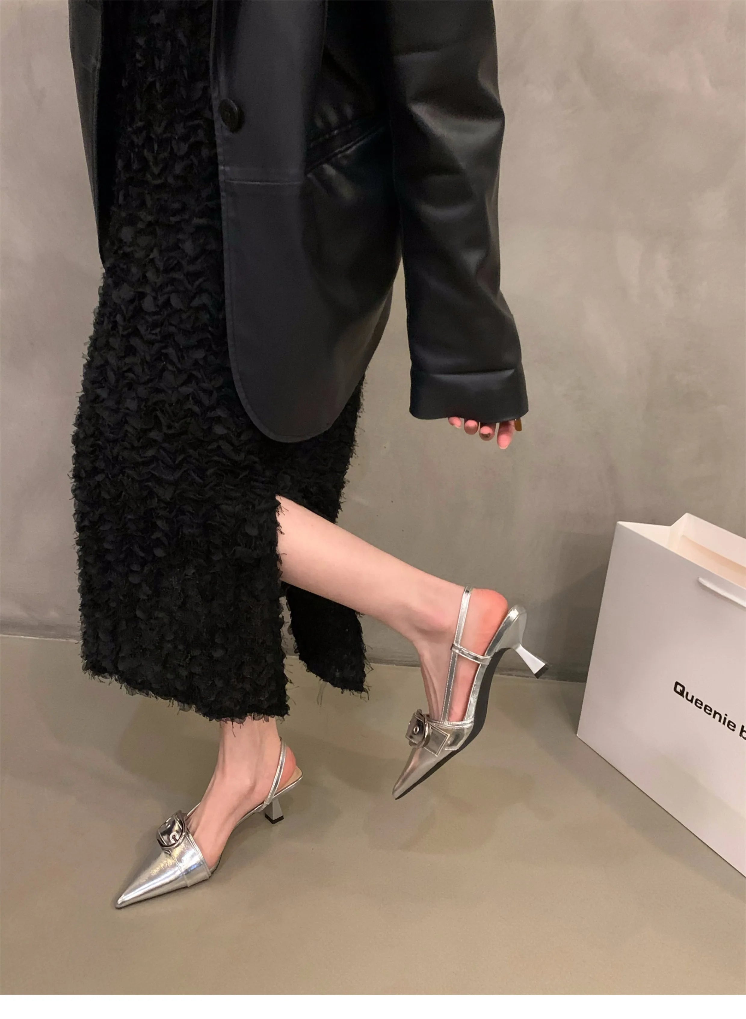 Punk Goth Metal Buckle High Heels Sandals Women 2024 Summer Pointed Toe Silver Party Shoes Woman Korean Style Thin Heels Sandals