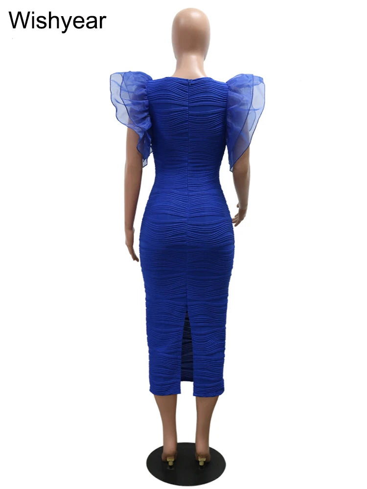 New Women O Neck Ruffle Sleeves Package Hips Bodycon Dress Fashion Office Lady Slim Pencil Evening Birthday Party Vestidos Gowns - reetell