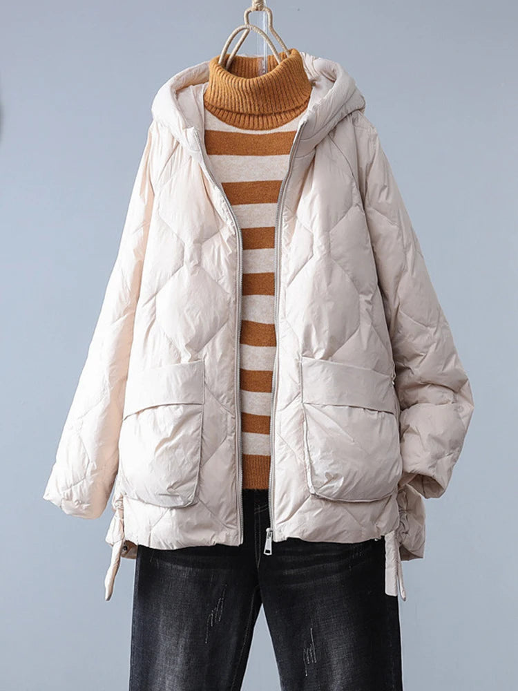 Fitaylor Winter Women White Duck Down Coat Casual Loose Solid Light Down Outwear Female Hooded Zipper Puffer Parka Jacket