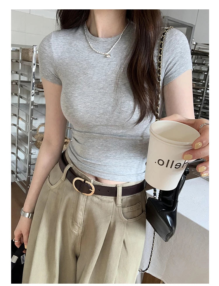 Basic Solid Crop Top Short Sleeve Crewneck Skinny T-shirt Summer Casual Tee for Women y2k Vintage Top Harajuku Streetwear - reetell