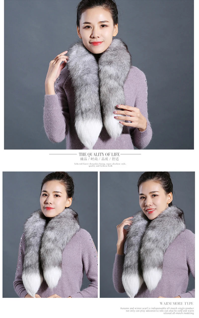 Genuine natural fox fur scarf furry classic Drawstring fox tail Winter Women Men Natural Fur Collar Neck Warmer fur collar 90 cm - reetell