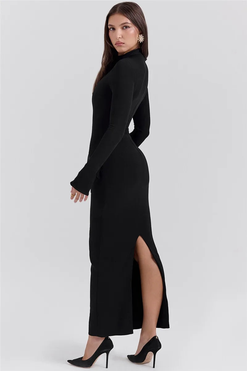 Mozision Black Long Sleeve Sexy Maxi Dress For Women Autumn Winter New O Neck Two Pocket Back Split Bodycon Long Dress Elegant - reetell