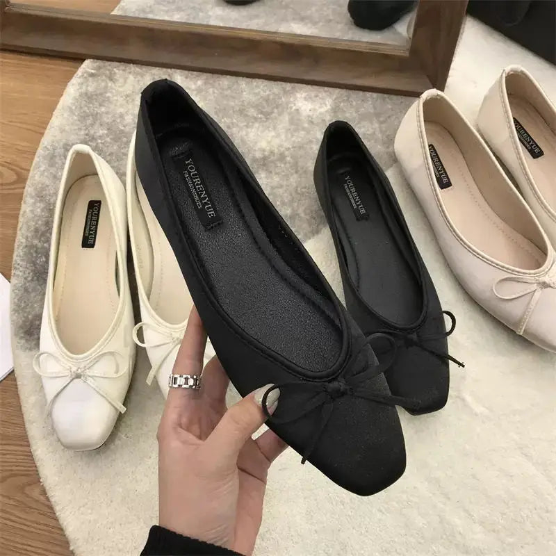 Luxury Lace Tie Leg Satin Silk Ballet Flats Woman Square Toe Bowknot Elastic Band Ballerinas Ladies Wedding Mary Janes Shoes - reetell