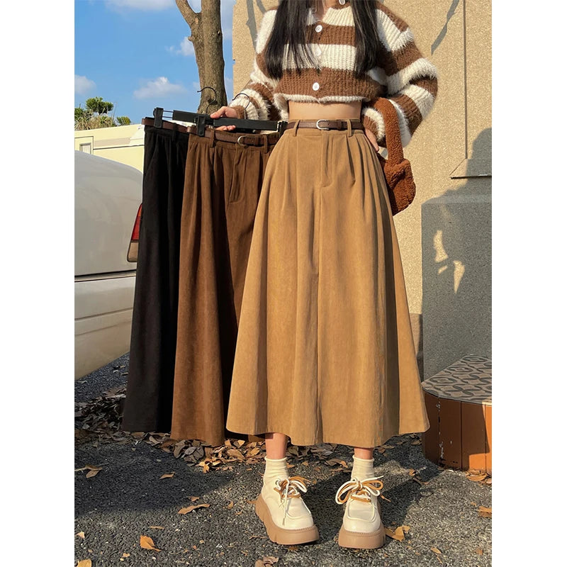 Vintage Belt Corduroy Midi Skirt Women High Waist Pleated A Line Skirts Autumn Winter Streetwear Korean Casual All Match Skirt - reetell