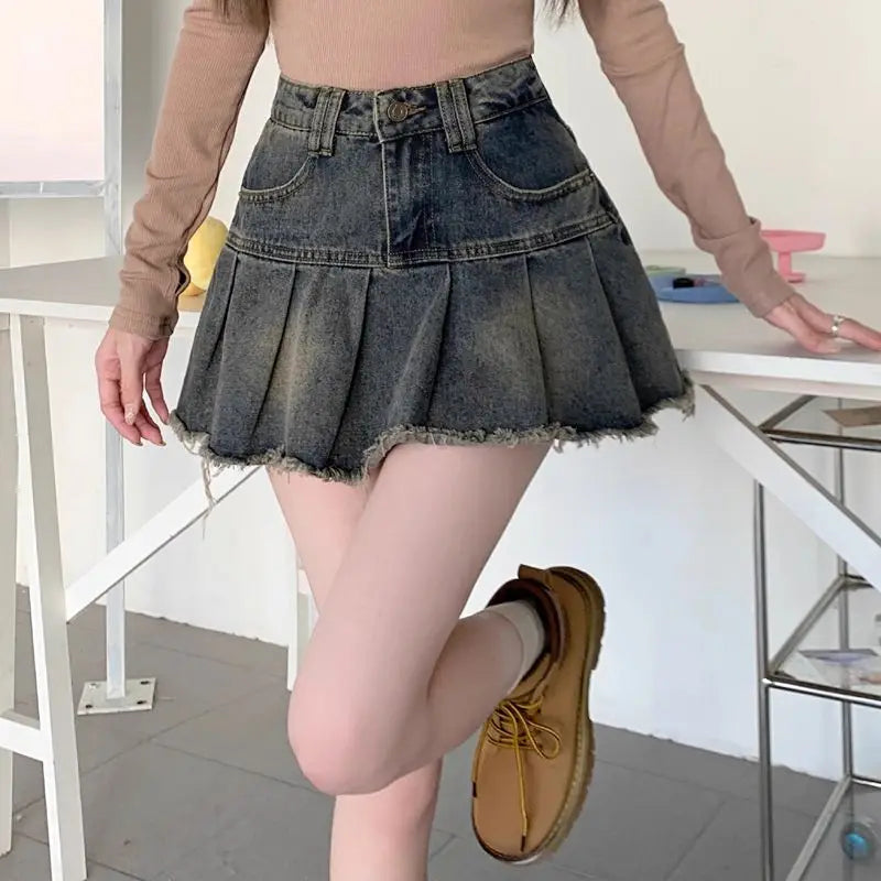 Deeptown Vintage Denim Skirt Women Pleated Sexy Short Skirts Retro Korean Fashion Aesthetics Casual A-line Streetwear Jean Skirt - reetell