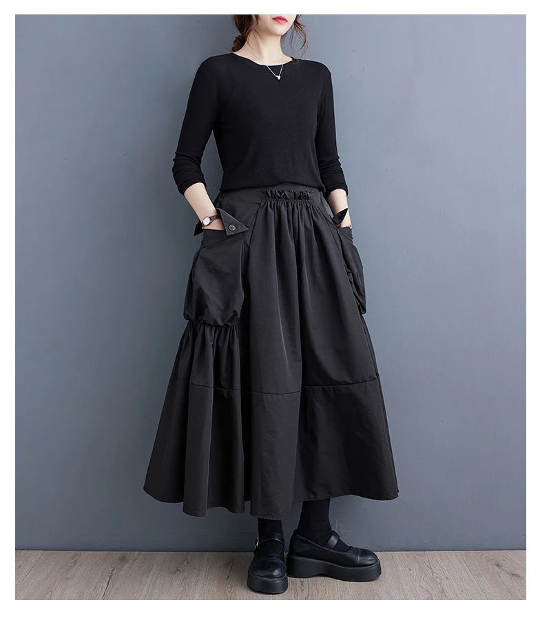 Oversized Spring Autumn Cargo Midi Skirt Women Elastic High Waist Fashion Ruffle Pleated Ladies Skirts Loose Casual Woman Skirt - reetell