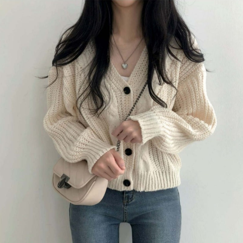 Button Front Cable Knit Cardigan Women's Vintage Long Sleeve Sweater Jacket Ladies Korean Fashion Autumn Winter Knitwear - reetell