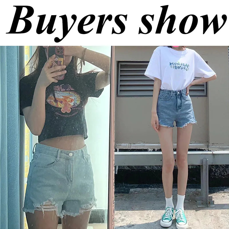 Lucyever Summer Denim Shorts Women Korean Fashion Ripped Holes High Waist Short Jeans Female Casual Street Wide Leg Short Pants - reetell