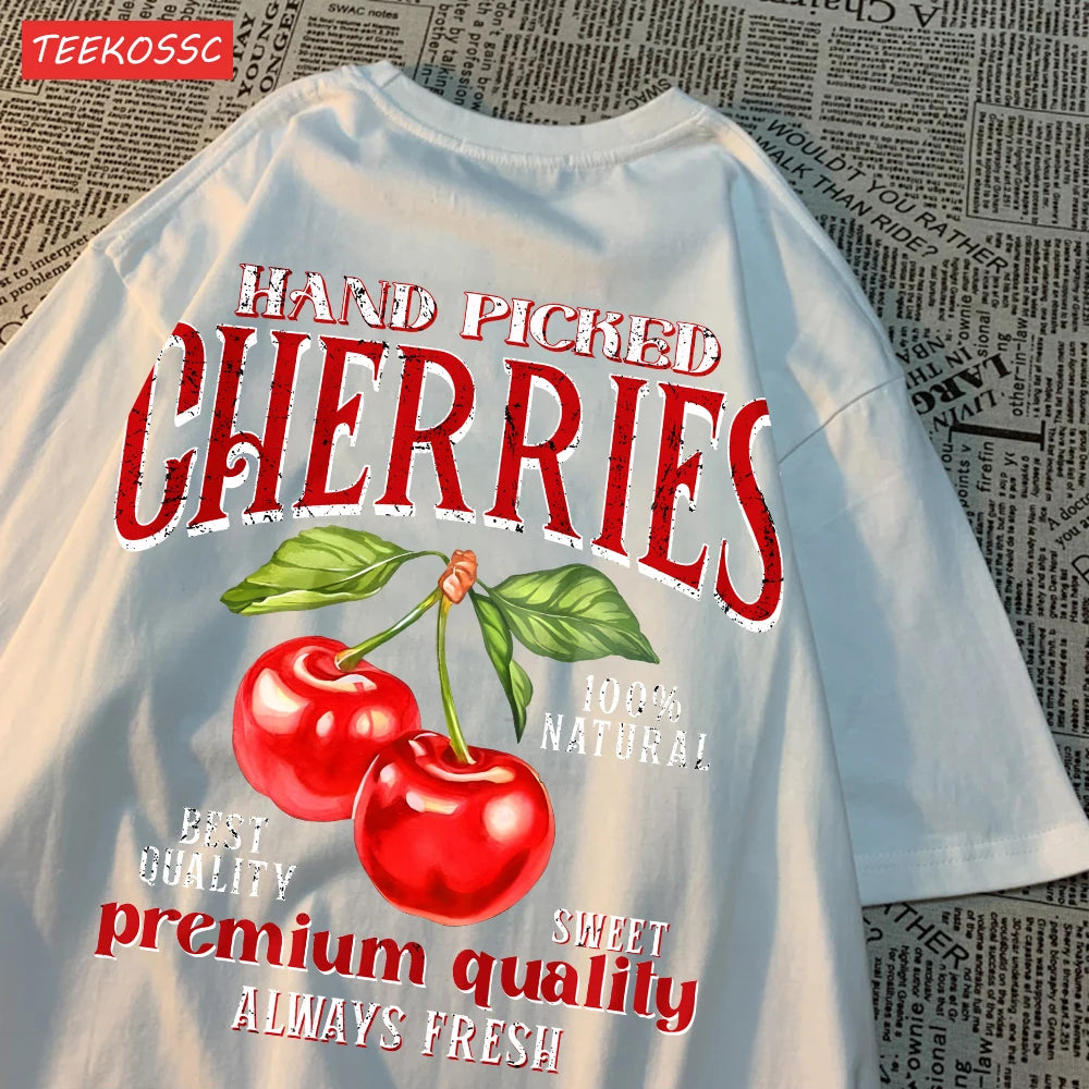 Fashion Cotton Women'S T-Shirts Hand Picked Cherries Printing Tops Oversize Crewneck Soft Short Sleeve Street Female Clothes - reetell