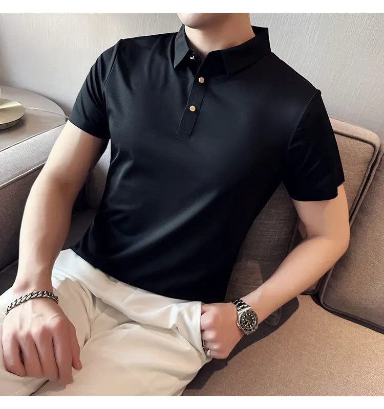 Ice Silk Traceless T-shirt Men's  Business Casual Solid Color Half Sleeve High Elasticity Top Silk Smooth Breathable POLO Shirt