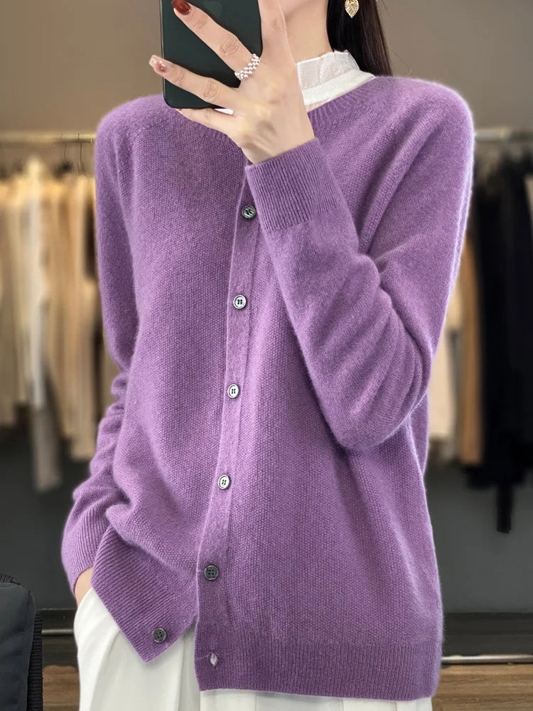 Fashion Women 100% Merino Wool Cardigans Cashmere Sweater Autumn Winter O-neck Long Sleeve Knitwear Female Basic Clothing Tops - reetell