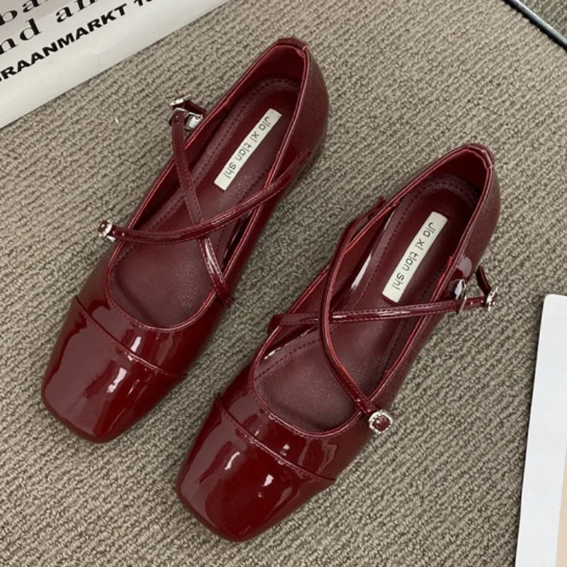 Medium Heeled Mary Jane Single Shoes   New Women Shoes Retro Thick Heeled Ballet Shoes Cross Buckle Shallow Soft Sole Shoe