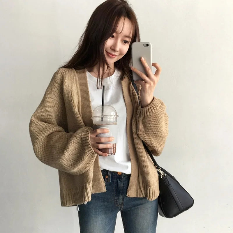 Autumn Winter Loose Women's Cardigan Jacket Solid Color Korean Version Fashion Casual Short Style Knitted Long-Sleeved Cardigan - reetell