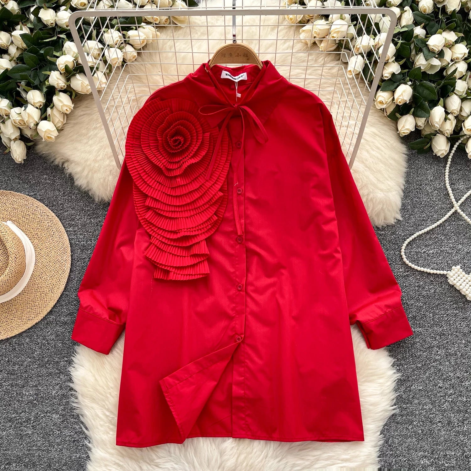 Chic Three-dimensional Floral Women Vintage Turn-down Collar Basics Long Sleeve Top French Streetwear High Street Autumn Blouse - reetell