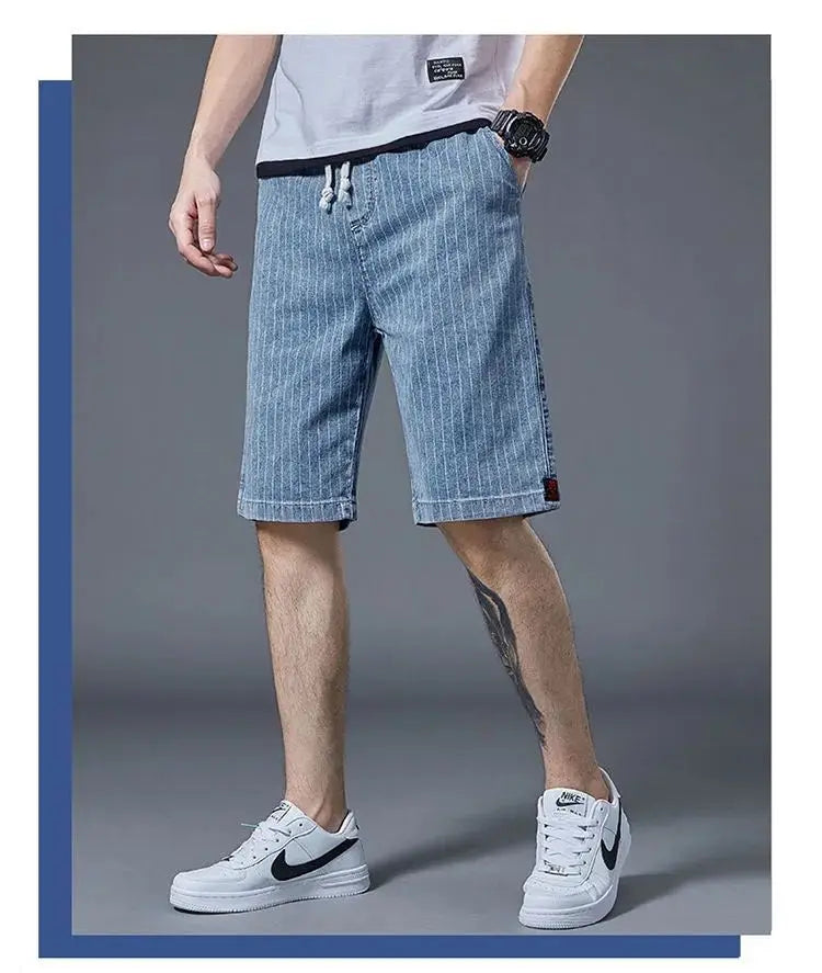 Summer Men Casual Striped Denim Shorts Koreon Streetwear Fashion Elastic Waist Baggy Male Thin Beach Sports Knee Length Jeans - reetell