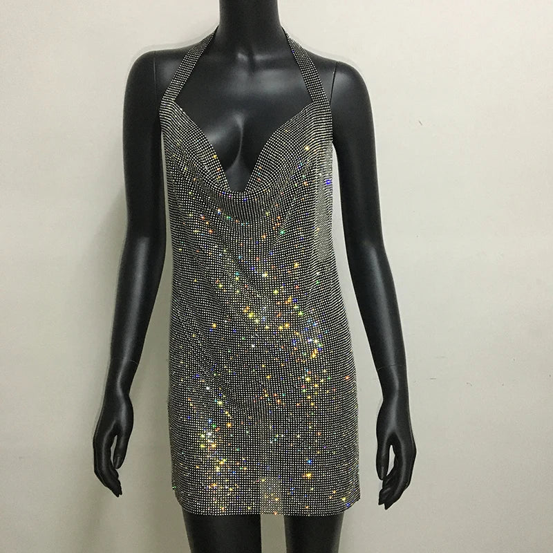 Sexy Backless V Neck Mini Dress For Women Shiny Rhinestone Halter Neck Side Split Sleeveless Dress Party Club Evening Dresses - reetell