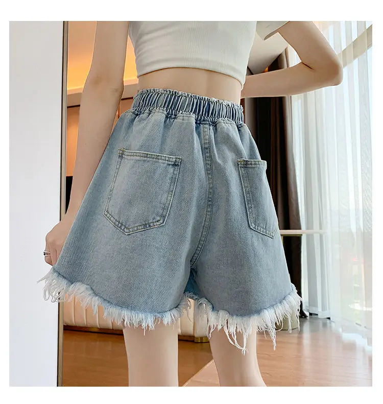 Big Size Denim Shorts Summer Thin Section Wide Leg Wide Loose Tight High Waist Female Students Fattening Women Tassel Wide - reetell