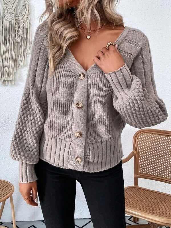 Women's autumn and winter V-neck solid color long sleeve cardigan texture knit cardigan button sweater coat - reetell