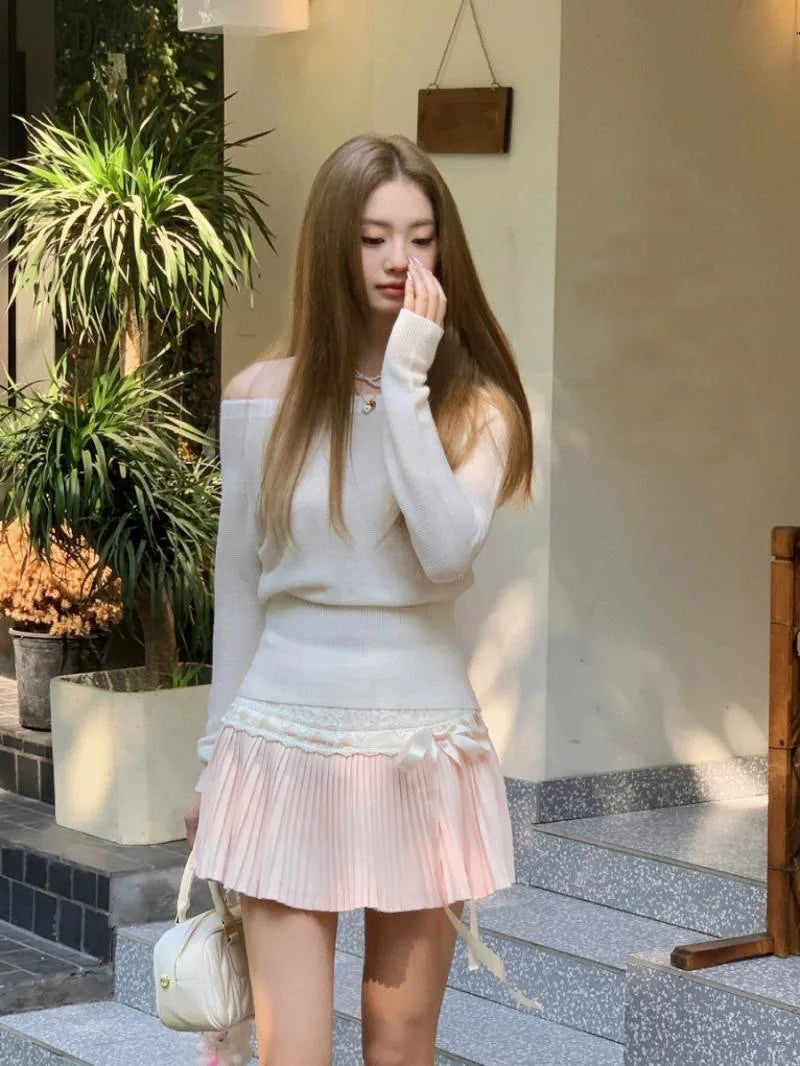 Deeptown Coquette Pleated Skirt Women Fairycore Elegant Mini Skirts Kawaii Sweet Lace Up Bow Cute Fanshion Summer Short Skirt - reetell