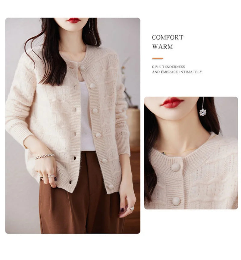 New Autumn And Winter Sweater Cardigan Jacket Women Fashion Sweet Wearing Solid Color Round Neck Sweater Top Bottoming Shirt - reetell