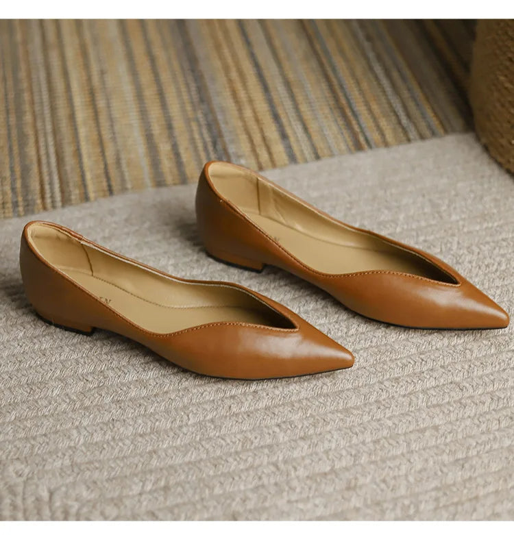 Luxury Temperament Women Shoe Summer New French Pointed Leather Shoe Simple Comfortable Single Shoe Sheepskin Elegant Low Heels