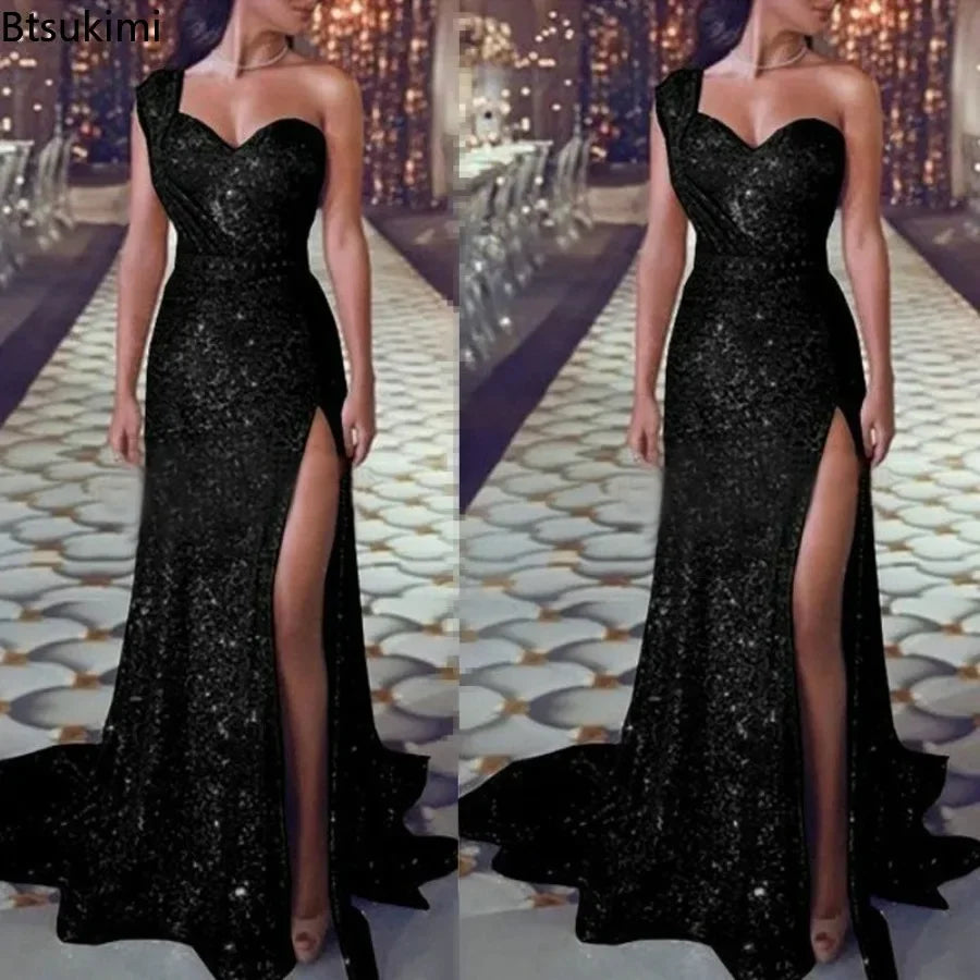 2024 Women's Wedding Party Dress Evening Elegant Sexy Deep V Neck One Shoulder Sleeveless Sequined Long Maxi Dresses For Women - reetell