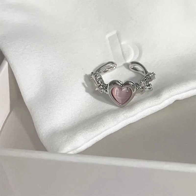 Y2K Trendy Pink Heart Ring Cat Eye Peach Heart Adjustable Women Design Premium Rings Wedding Party Jewelry Gifts Wholesale