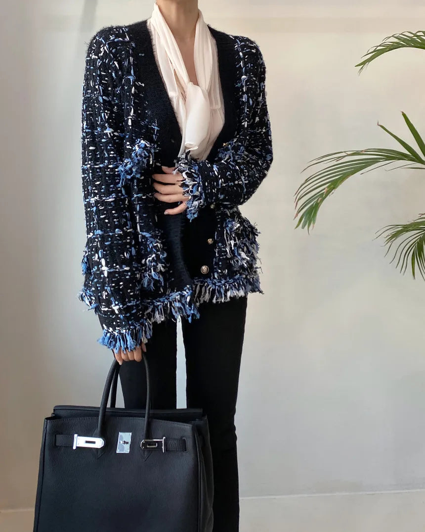 Korea Chic Autumn Winter V-Neck Tassel Wool Mixed Color Knitted Cardigan Coat Women's Loose Long Sleeve Sweater Knitwear 2023 - reetell