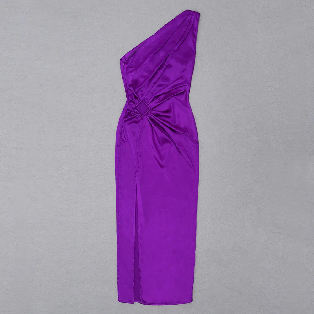 New Ladies Purple One Shoulder Sexy Skinny Draped Sleeveless Sequin Cutout High Slit Long Celebrity Party Dress - reetell