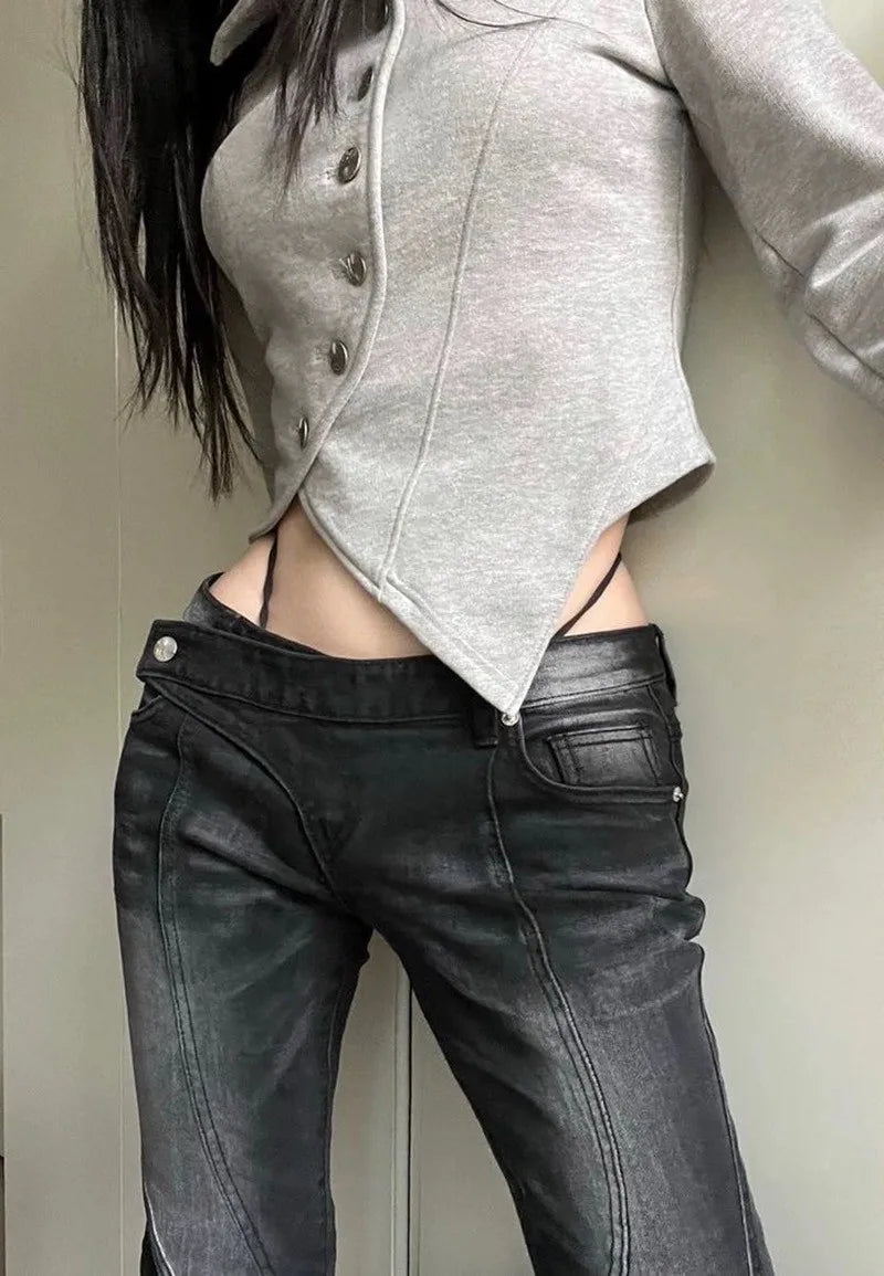 Karrram Vintage Distressed Low Waist Jeans Grunge Asymmetrical Waist Denim Pant Korean Fashion Black Flare Jeans Kpop Streetwear - reetell