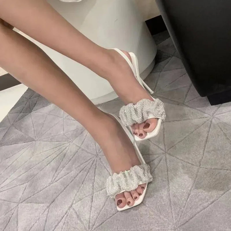 2024 New Summer Fashion Design PU High Heels Women's Shoes Square Toe 7 Cm Non Slip Rhinestone Pumps Bling Women Sandals - reetell