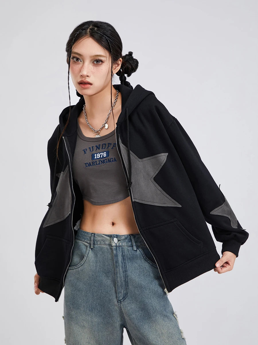 wsevypo Grunge Retro Star Print Hoodies Autumn Women's Long Sleeve Zip-up Hooded Sweatshirts with Front Pocket Street Outwear - reetell