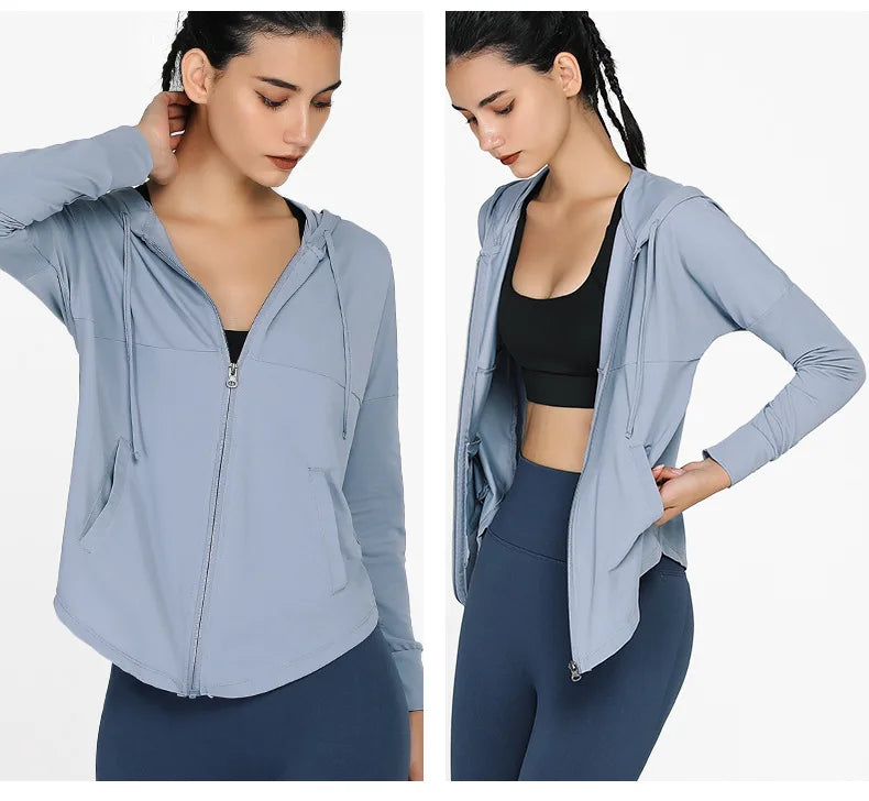 Women Fitness Jacket Breathable Sun Protection Sweatshirt Loose Sports Running Zipper Jacket With Pockets Gym Coat Outerwear