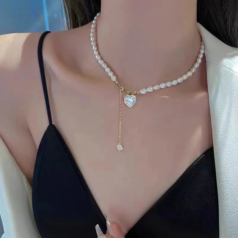 Imitation Pearl Beads Five-leaf Flower Pendant Double Layer Necklace for Women Fashion Daily Accessory Jewelry Birthday Gifts