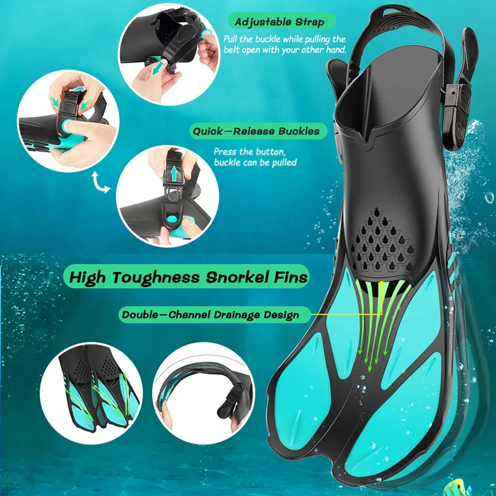 Snorkel Fins Adjustable Buckles Swimming Flippers Short Silicone Scuba Diving Shoes Open Heel Travel Size Adult Men Womens - reetell