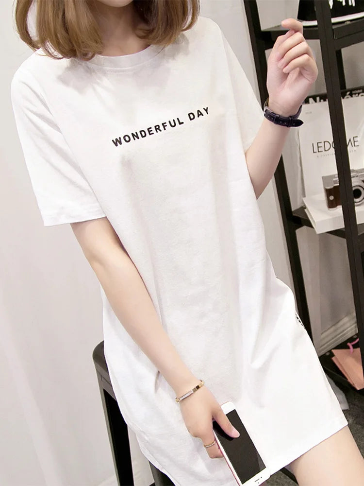 WONDERFUL DAY Print Long T shirts Summer Women Loose Slit Femme Tops Cotton Tshirt Short sleeve Ladies t-shirt - reetell