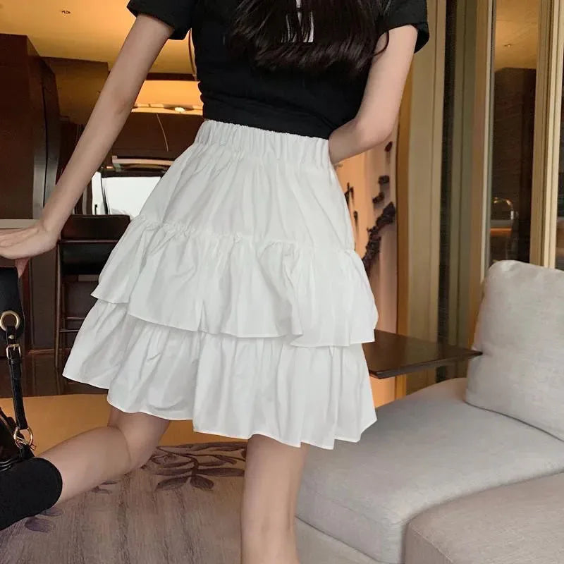 Sweet Cake A-line Skirt Black Women Cute Pleated Puffy Skirt Elastic Waist Preppy Style Solid Color Casual Korean Fashion Casual - reetell