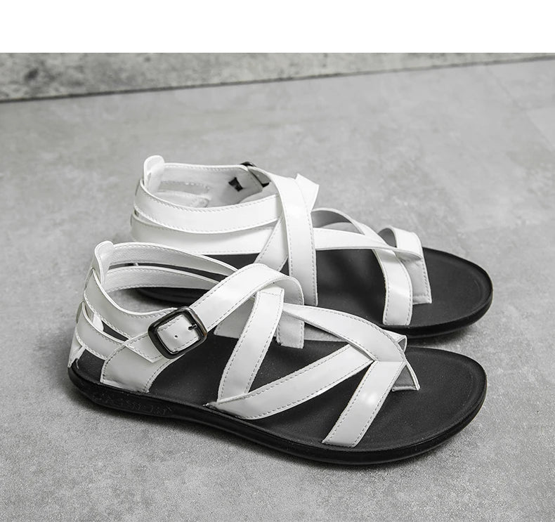 Rome Style Men Leather Sandals Cross Strap White Solid Men 2022 Summer Beach Shoes Size 38-45 Daily Casual Outdoor Driving