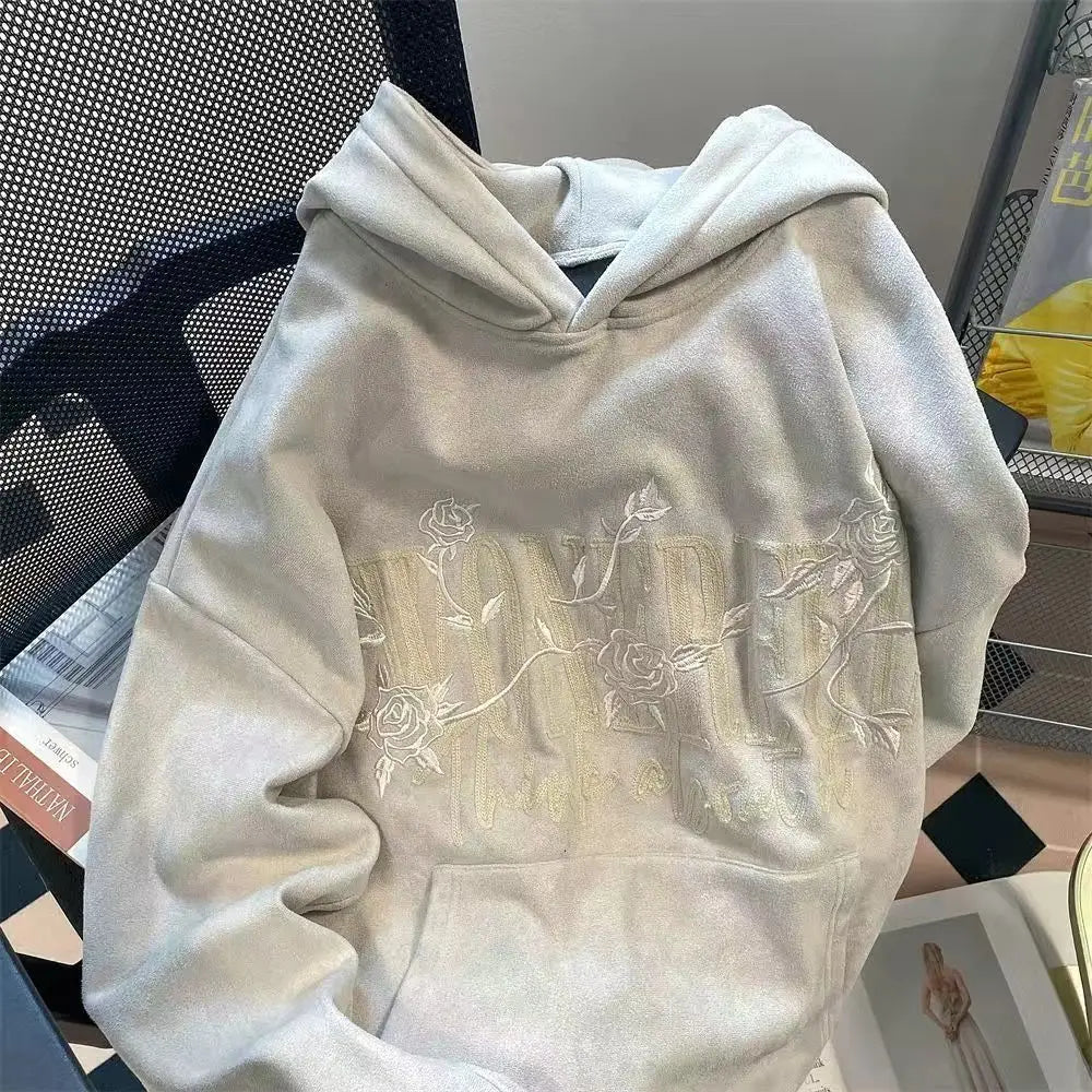 Thick Hoodies Cold Autumn and Winter Female Top Warm Baggy Grey Women's Hooded Sweatshirts Loose Embroidered Coat High Quality E - reetell