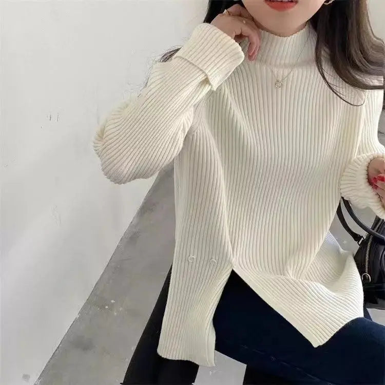 Women's Knit Sweater Off-white Loose Turtleneck Ladies PulloversButtons Slit Hot Sale Winter Offers Trend New Knitwear 2024 - reetell